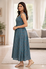Saanjh Blue Blossom Ethnic Cotton Long Dress