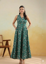 • Vrinda Teal Bloom V-Neck Printed Sleeveless Dress