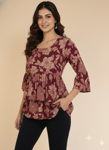 • Gulnaar Maroon Floral Peplum Style Kurti