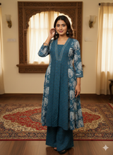 • Sheesh Mahal Indigo Blue Ethnic Suit Set With Mul Cotton Dupatta