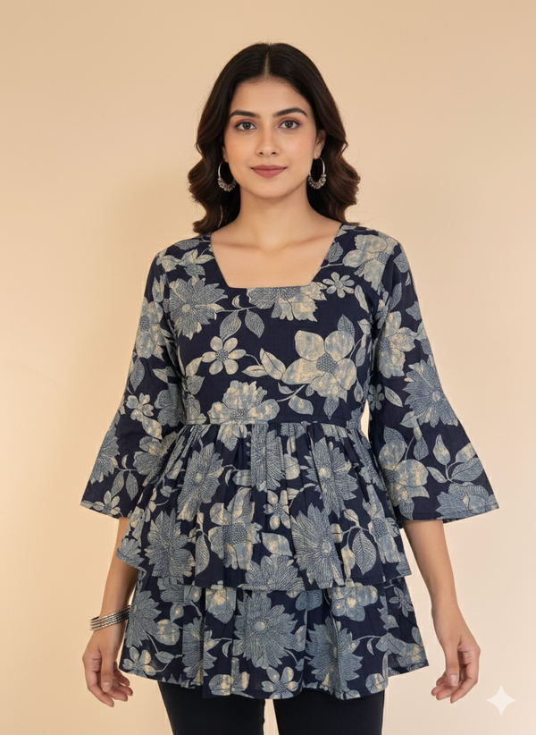 Midnight Blue Bloom Floral Tiered Short Kurti