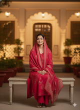 “Mehru Scarlet Elegance” Floral Printed Suit Set with Digital print Dupatta