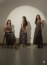 • Zareen Indigo Garden Sleeveless Flare Dress