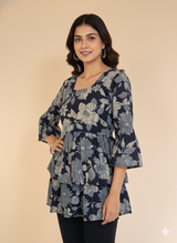 Midnight Blue Bloom Floral Tiered Short Kurti