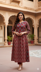Zarangi Mehroon Palace Courtyard Buta Tradition Luxe Ethnic Kurti