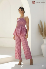 • Gulnaar Pink Smocked Peplum Co-Ord Set