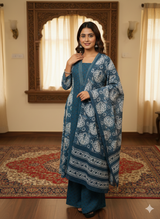 • Sheesh Mahal Indigo Blue Ethnic Suit Set With Mul Cotton Dupatta
