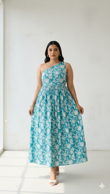 Tiffany Blue Bloom One-Shoulder Midi Dress