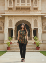 Black Botanica Digital Floral Short Kurti