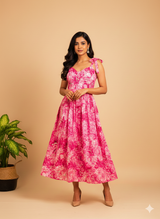 • Rosé Bloom Tie-Shoulder and Sweetheart Neck Printed Flare Dress