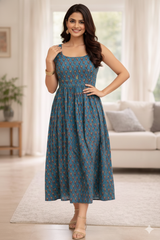 Saanjh Blue Blossom Ethnic Cotton Long Dress
