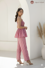 • Gulnaar Pink Smocked Peplum Co-Ord Set