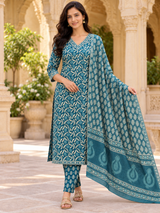 Neelvana Teal Blue Botanical Printed Straight Cotton Suit Set with Cotton Dupatta