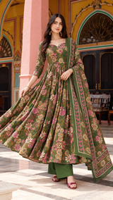 Gulmeher Olive Green Floral Printed Anarkali Suit Set with Cotton Dupatta