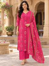 Gulbahar Rani Pink Tulip Printed Straight Cotton Suit Set with Cotton Dupatta