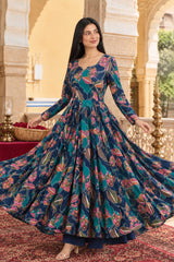Gulzaar Midnight Blue Floral Anarkali Cotton Kurta Pant Only