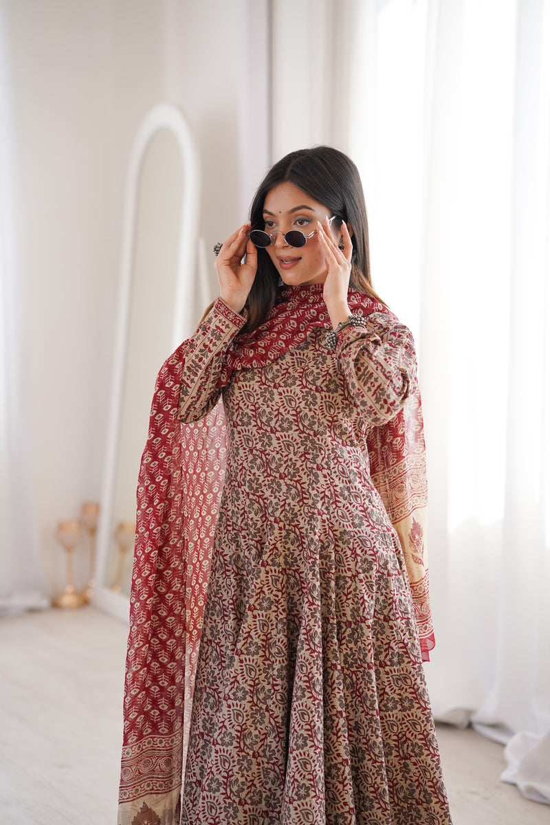 chiffon anarkali dress with dupatta Classic Black Floral Printed Design Chiffon Anarkali Gown with Dupatta