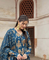 Noor-E-Neel Traditional Print Anarkali Suit Set with Mul Cotton Dupatta