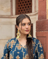 Noor-E-Neel Traditional Print Anarkali Suit Set with Mul Cotton Dupatta