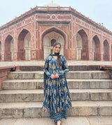 Noor-E-Neel Traditional Print Anarkali Suit Set with Mul Cotton Dupatta