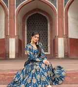 Noor-E-Neel Traditional Print Anarkali Suit Set with Mul Cotton Dupatta