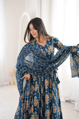 Noor-E-Neel Traditional Print Anarkali Suit Set with Mul Cotton Dupatta