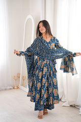 Noor-E-Neel Traditional Print Anarkali Suit Set with Mul Cotton Dupatta