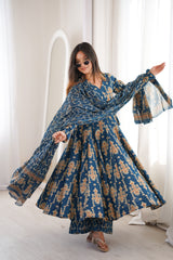 Noor-E-Neel Traditional Print Anarkali Suit Set with Mul Cotton Dupatta