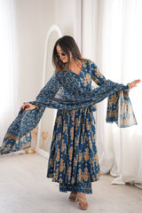 Noor-E-Neel Traditional Print Anarkali Suit Set with Mul Cotton Dupatta