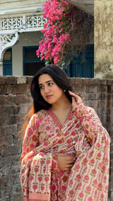 • Elegant Rose Pink Floral Suit Set with Kota Doria Dupatta