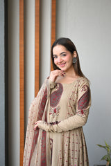 Saanvi Beige Paisley Print Suit Set with Elegant Chiffon Dupatta