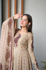 Saanvi Beige Paisley Print Suit Set with Elegant Chiffon Dupatta