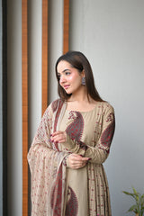 Saanvi Beige Paisley Print Suit Set with Elegant Chiffon Dupatta