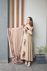 Saanvi Beige Paisley Print Suit Set with Elegant Chiffon Dupatta