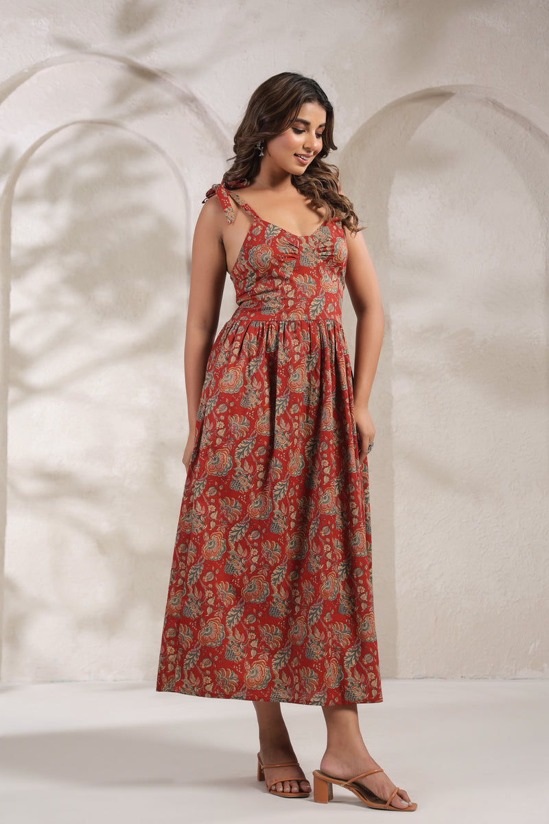 Jassi red floral cotton long dress