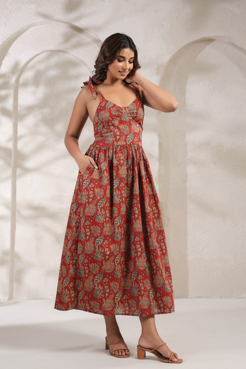 Jassi red floral cotton long dress