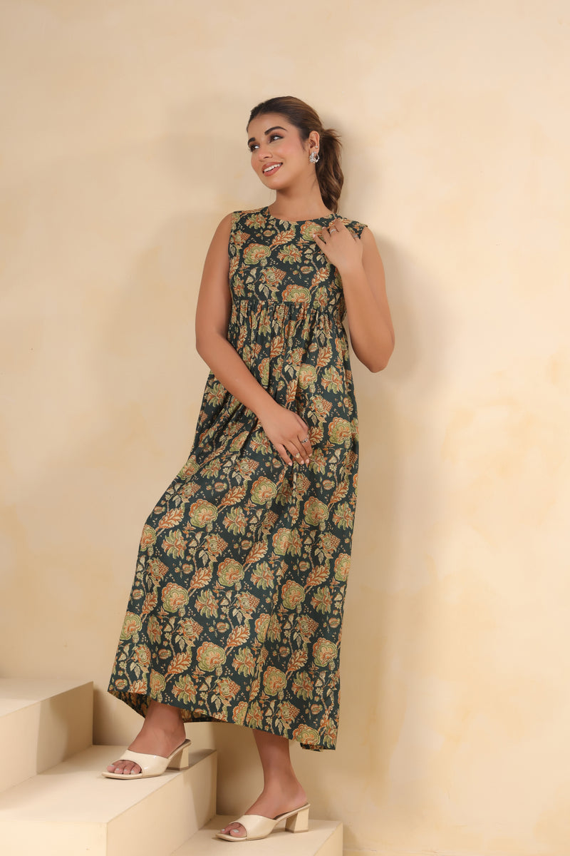 Yokma green floral cotton long dress