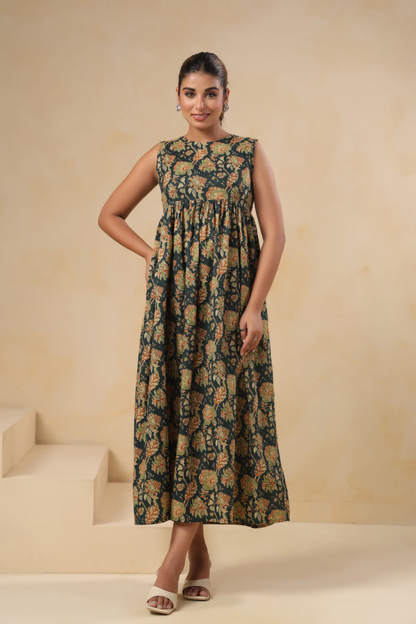 Yokma green floral cotton long dress