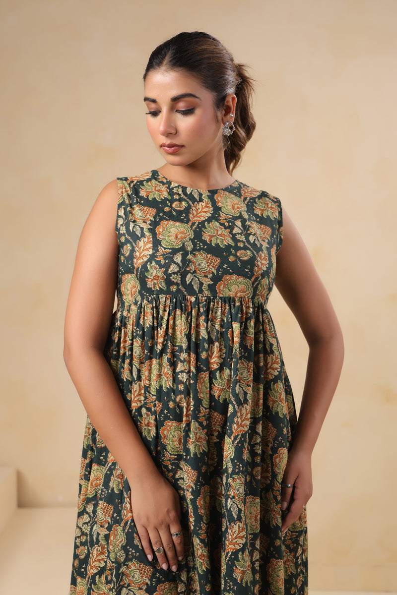 Yokma green floral cotton long dress