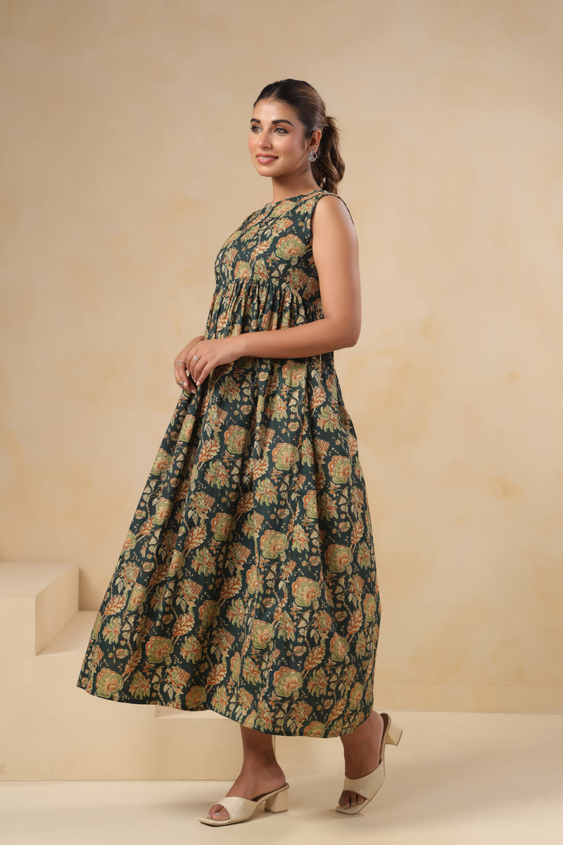 Yokma green floral cotton long dress