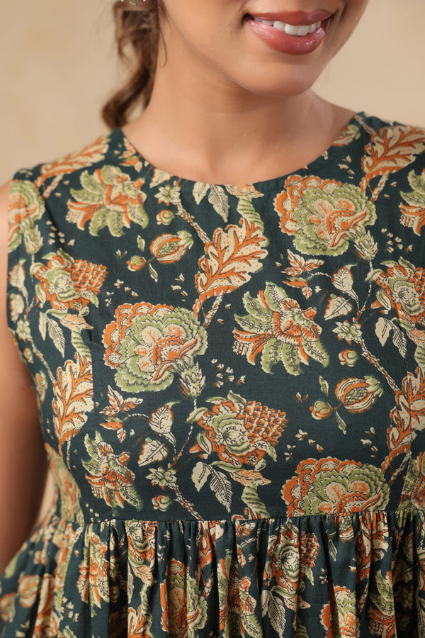 Yokma green floral cotton long dress