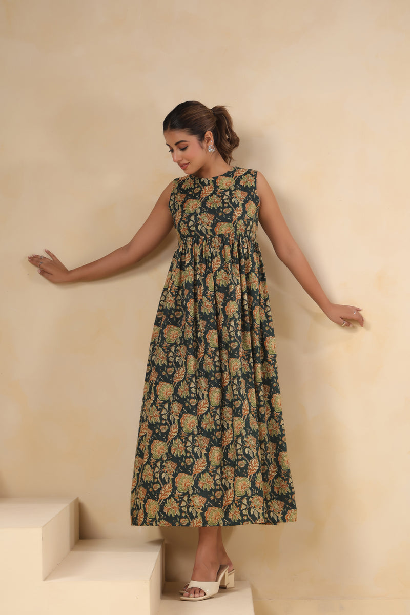 Yokma green floral cotton long dress