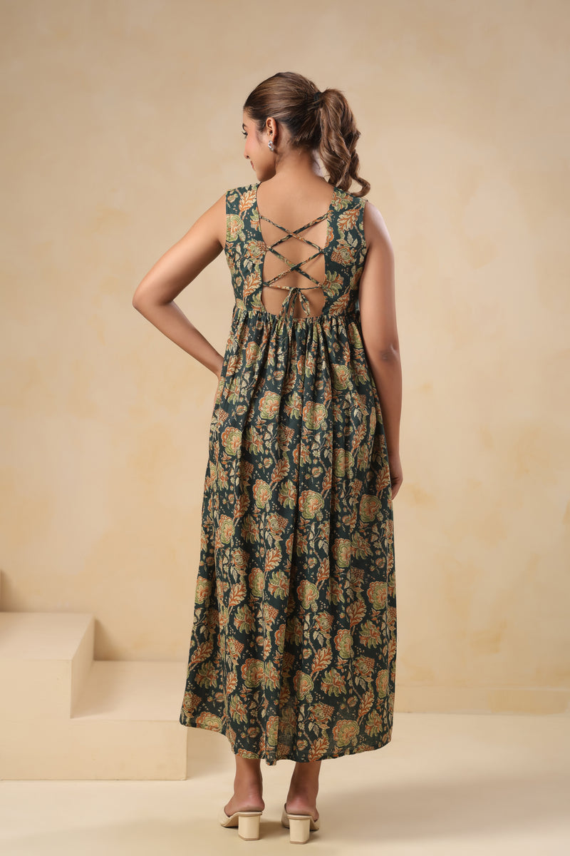Yokma green floral cotton long dress