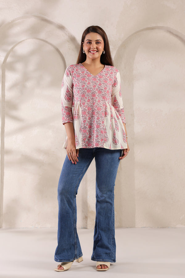 Flora pink floral cotton short kurta