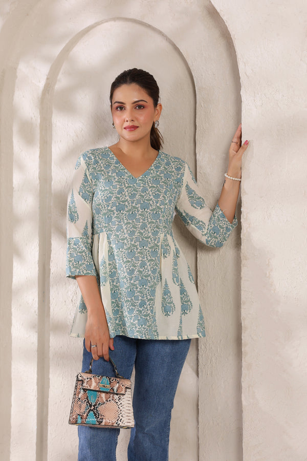 Flora white floral cotton short kurta