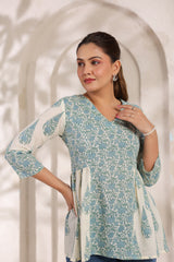 Flora white floral cotton short kurta
