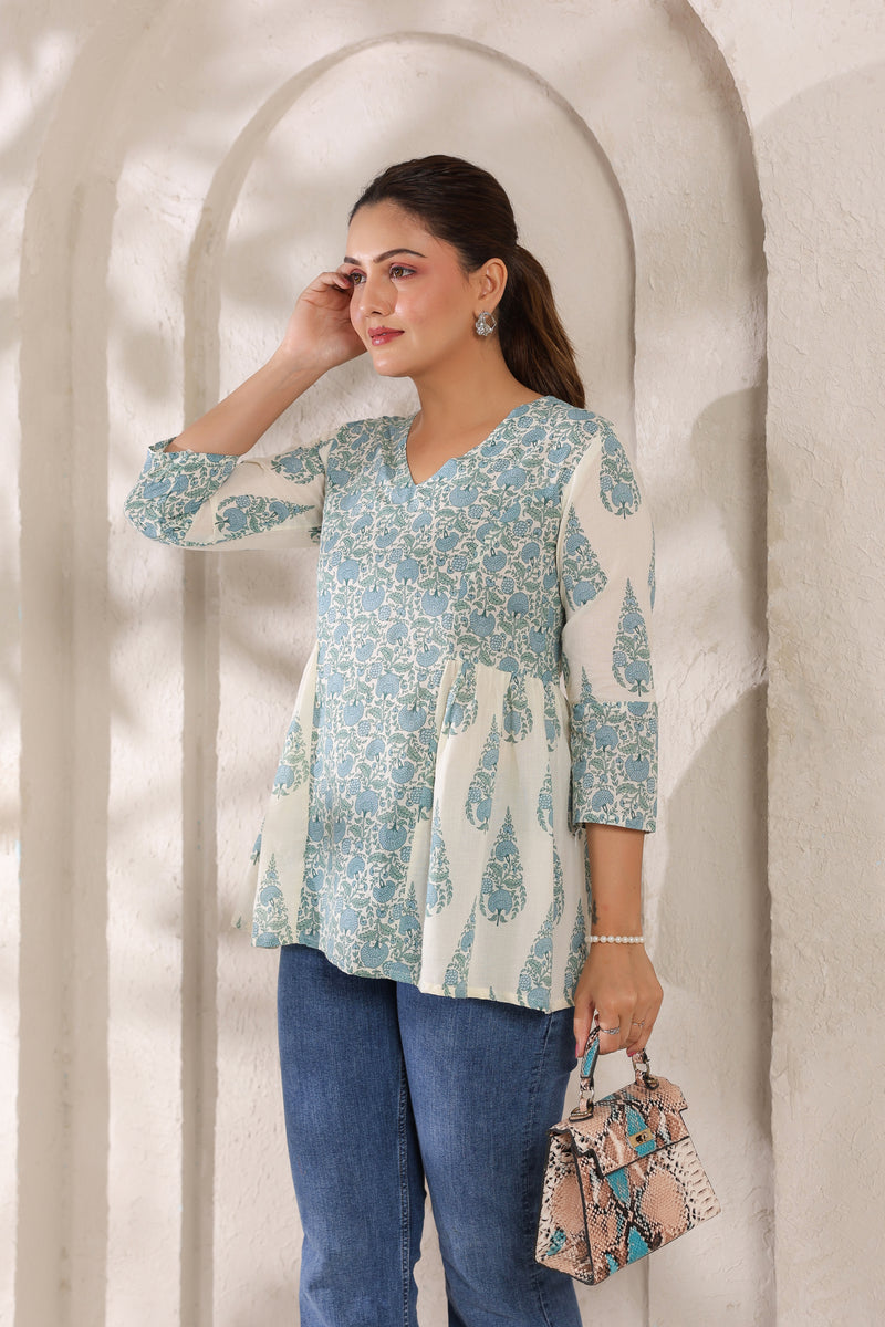 Flora white floral cotton short kurta