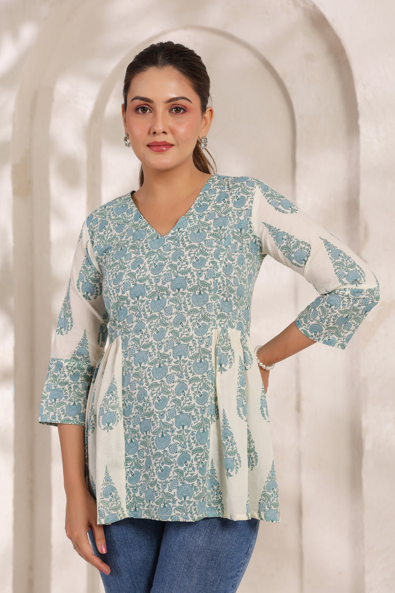 Flora white floral cotton short kurta