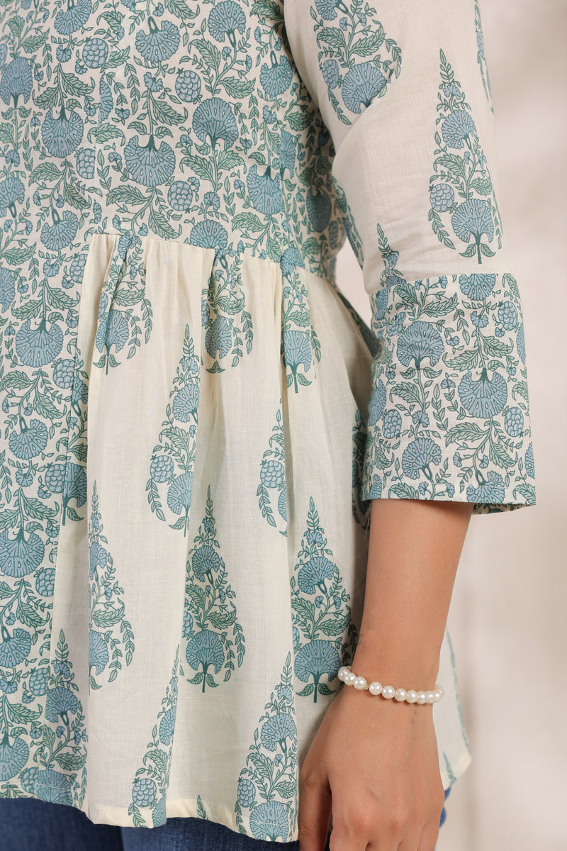 Flora white floral cotton short kurta