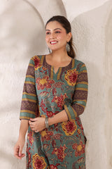 Berni green floral cotton long kurta